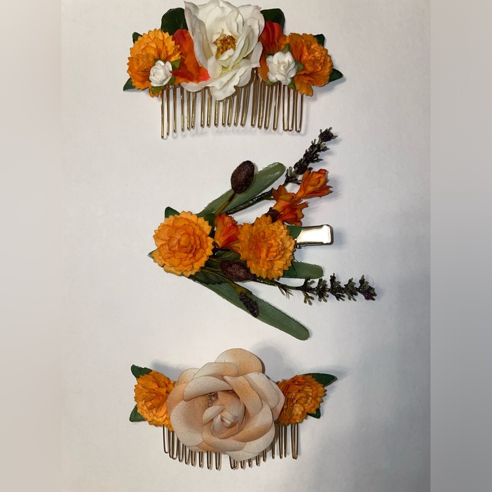 Handmade Floral Hair Comb Set in Orange and Cream